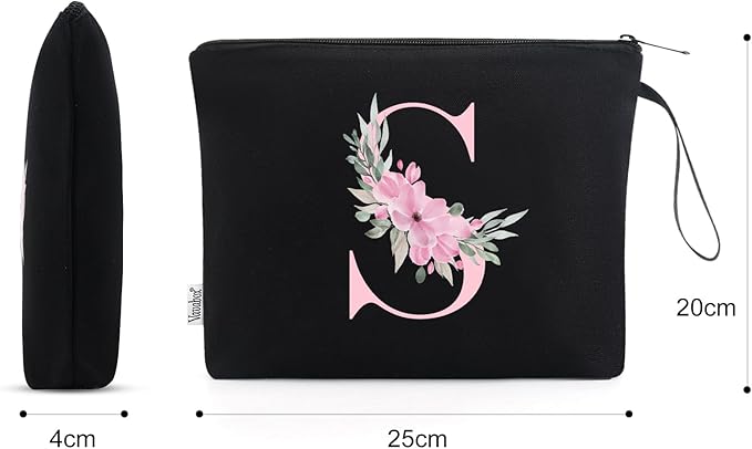 Vavabox A-Z Personalized Makeup Bag, Birthday Gifts for Women Mom, Gifts for Best Friend, Bride Bridesmaid Cosmetic bag (S, 02-Black)