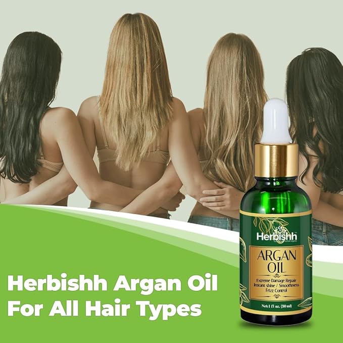 Herbishh Moroccan Argan Oil for Hair 30ml – Hair Serum for Frizz Control & Shine, Damaged Hair Treatment & Split End Repair, Heat Protectant Leave In Serum, Lightweight Non-Greasy Hair Growth Oil