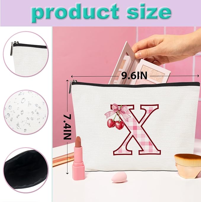 Initial Makeup Bag Monogram Cosmetic Bag Monogrammed Gifts for Women Girls Friends Coworker Teacher Personalized Travel Toiletry Bag Christmas Bridal Shower Wedding Bridesmaid Gifts, Cherry X