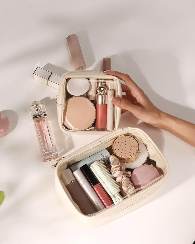 Pocmimut Clear Makeup Bag,Easy to Find Mini Makeup Bag for Purse,Travel Makeup Bag for Car, Compact Cosmetic Pouch for Daily Essentials,Beige