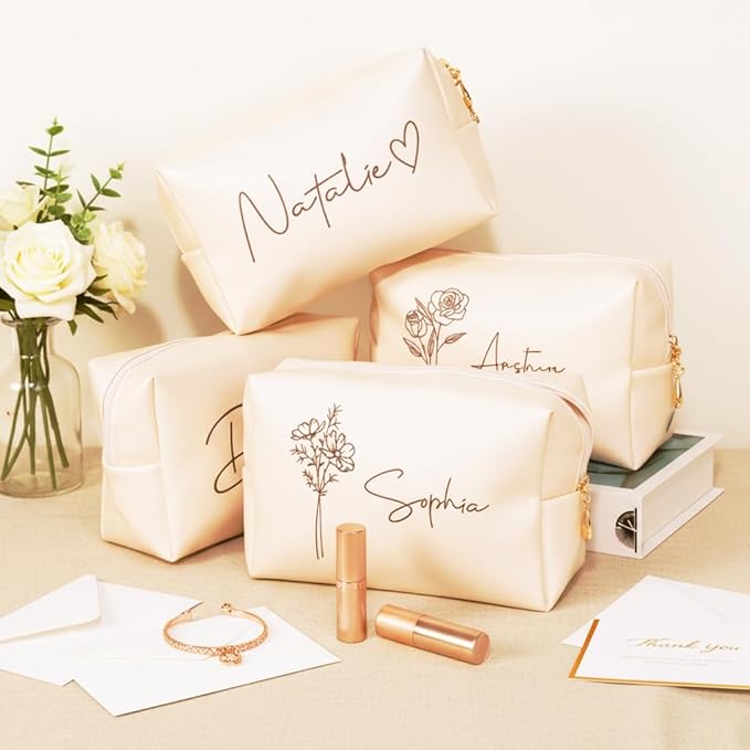 DayOfShe Personalized Name Makeup Bag for Bridesmaid Gifts Bridal Shower Wedding Gifts Custom Travel Toiletry Bag Cosmetic Bag for Best Friend Birthday Gifts