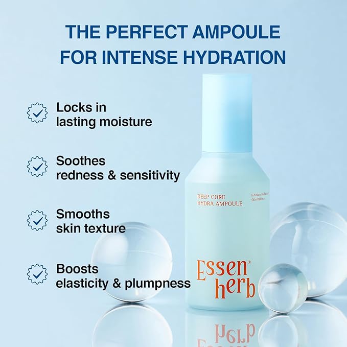 Essenherb Deep Core Hydra Ampoule – Phyto Mucin & 10-Type Hyaluronic Acid | Skin Repair & Moisture Locking Facial Serum | Korean Skincare (4.05 fl oz)