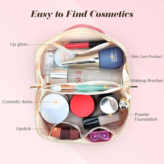 for Christmas Day Gifts, Makeup Bag for Women, PU Leather Travel Toiletry Bags, Initial Make Up Cosmetic Pouch for Teen Girls, Wide Open Portable Skincare Bag, Personalized Birthday Gifts, Pink T