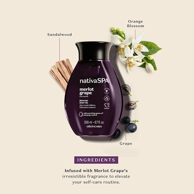 Nativa SPA Brazilian Body Oil - 6.7 oz, Moisturizing & Firming Merlot Grape