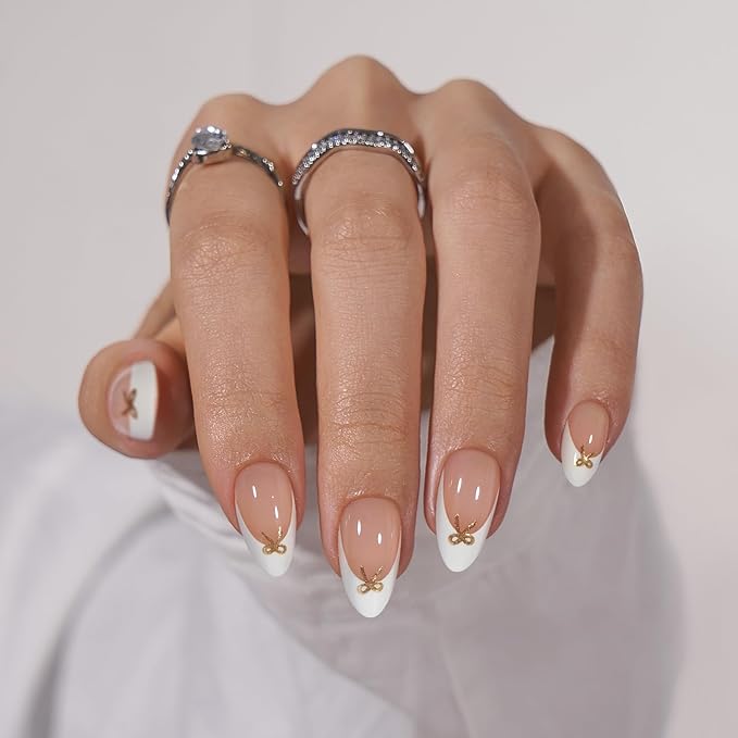 BTArtbox Press On Nails, Dinner Star, Short Almond, White French Tip, 32Ct
