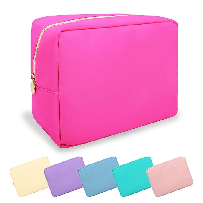 UIXIZQ Large Makeup Bag Pouch,Nylon Women Travel Toiletry Storage Bag Preppy Cosmetic Bag for Girls,Big Makeup Organizer Bag Cute Zipper Pouch Skincare Bag for Sport Work Gift(Large-Bubblegum)