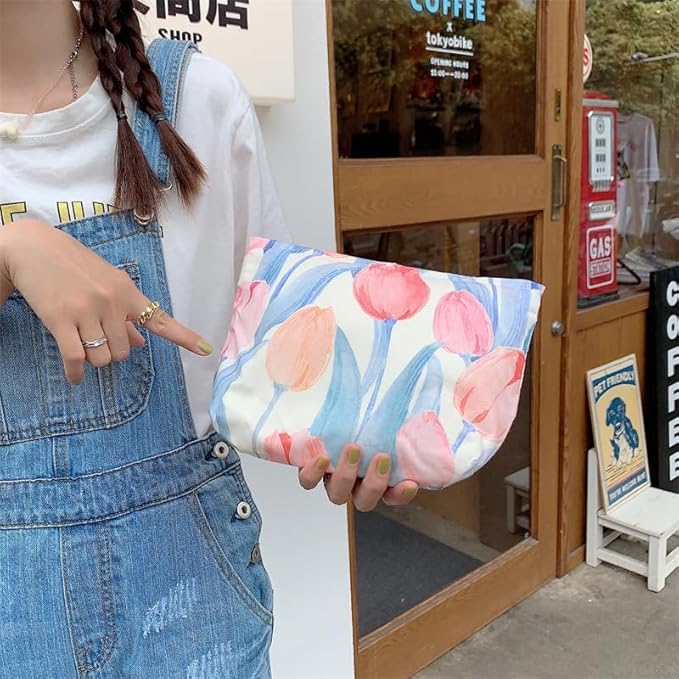 Flat Makeup Bag for Women,Zipper Cosmetic Pouch for Purse,Tulips Pink