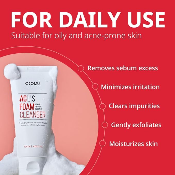 ATOMU Salicylic Acid Foaming Facial Cleanser for Oily Skin & Clogged Pores, BHA Oil Control Face Wash, 4.05 fl oz
