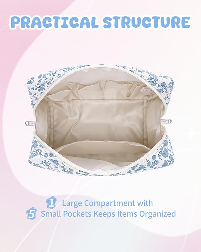 Narwey Birthday Gifts for Teen Girls Kids Women Personalized Initial Floral Makeup Bag Cute Cosmetic Trendy Stuff 6 8 10 11 12 13 14 16 18 Years Old Travel Toiletry Bag (Little Blue Flower L)