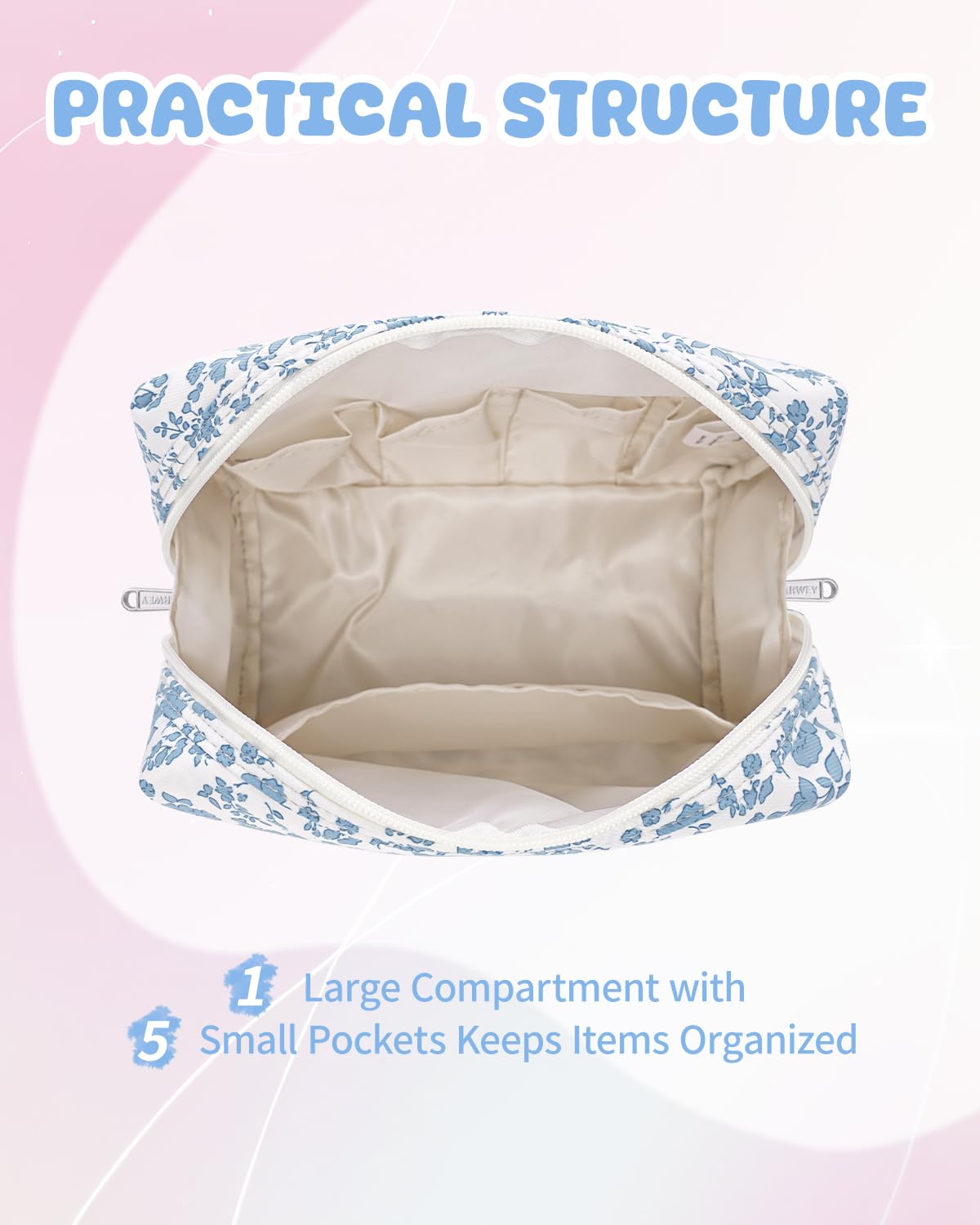 Narwey Birthday Gifts for Teen Girls Kids Women Personalized Initial Floral Makeup Bag Cute Cosmetic Trendy Stuff 6 8 10 11 12 13 14 16 18 Years Old Travel Toiletry Bag (Little Blue Flower S)