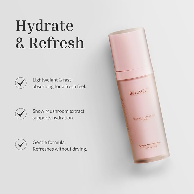 BeLAGU Intense Illuminating Toner - Hydrating Face Toner with Niacinamide & Snow Mushroom - Water-Based Moisturizing Facial Liquid that Helps Retain Natural Moisture and Refresh Skin - 3.4 fl Oz