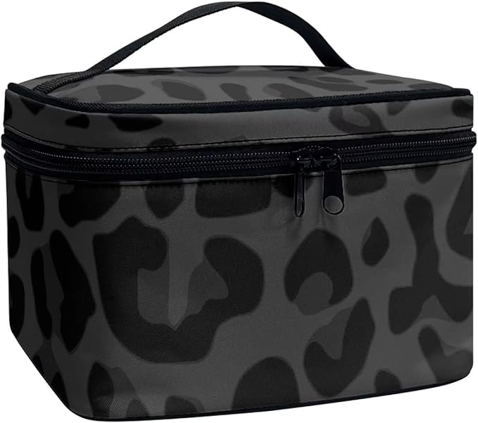 Drydeepin Black Grey Animal Cheetah Leopard Pattern Makeup Bags for Women Large Capacity Travel Organizer Storage Toiletry Pouch with Zipper and Carry Handle Portable Cosmetic Bag