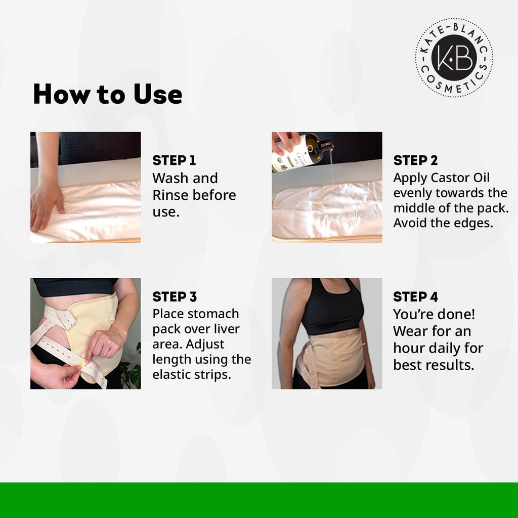 Kate Blanc Cosmetics Castor Oil Pack Wrap for Stomach & Belly (16oz Glass Bottle) Moisturize Body & Skin. Reusable, Adjustable, Comfortable Fit.