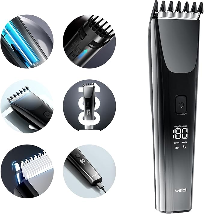 beici Hair Clippers for Men and Kids Adjustable Length Trimmer Haircut Professional Haircuts Tool Grooming 6 Kit LED Screen Display Fast Charge for Family Black