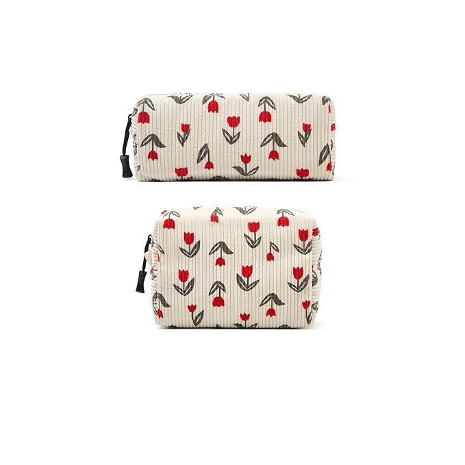 ZOEMTIU Makeup bag set small Cosmetic bag for women purse Corduroy Organizer with interior Pockets,cute Pencil zipper Pouch travel Toiletry Bag with handle(Tulip Red)