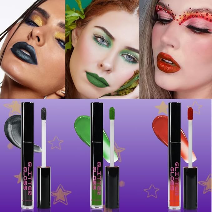 CAKAILA Gray Black Green Red Metallic Lipstick for Women,Glitter Sparkling Liquid Lipstick,Long Lasting Waterproof Lightweight Non-Drying Bold Dark Lip Gloss for Gothic Stage Makeup,Vegan