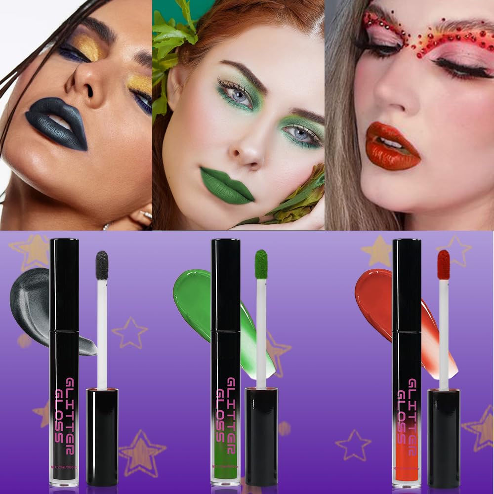 CAKAILA Gray Black Green Red Metallic Lipstick for Women,Glitter Sparkling Liquid Lipstick,Long Lasting Waterproof Lightweight Non-Drying Bold Dark Lip Gloss for Gothic Stage Makeup,Vegan