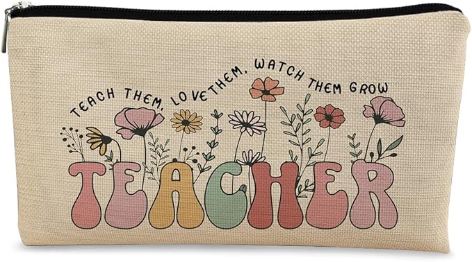 BARPERY Teacher Bag,Gifts For teacher Survival Kit,Teacher Must Haves, Retro Wildflowers Canvas Makeup Bag,Cosmetic Bag Zipper Travel Toiletry Bag