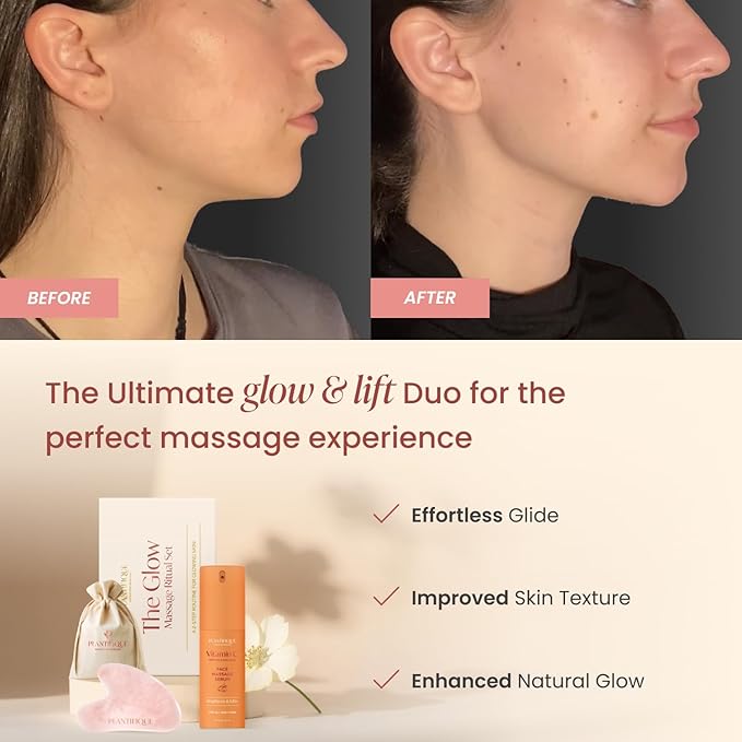 PLANTIFIQUE Massage Set: Rose Quartz Gua Sha & Vitamin C Face Serum Korean