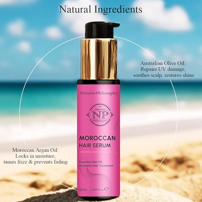 NP NATURES PHILOSOPHY Moroccan Argan Hair Oil, Leave In Hair Serum Anti Frizz Heat Protectant Oil for Curly Color Treated Damaged Hair, Vegan Split End Repair Hair Finishing Oil 1.69 Fl oz