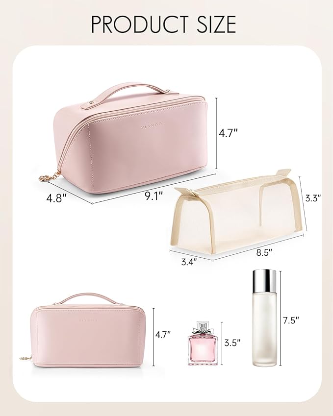 VLANDO Makeup Bag for Women with Open Flat Layout,Zipped TPU Pocket,Pink