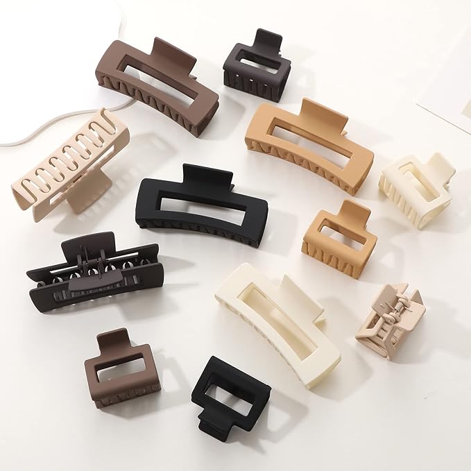 Alemaky 12 Pack Square Claw Clips, Big and Small Neutral Rectangle Hair Claw Clips, Non-slip Matte Large Hair Clips for Women,Strong Hold jaw clip for Thick Thin Hair (Neutral)