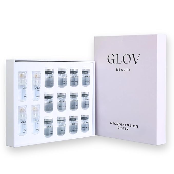 Glov Beauty Micro Infusion System for Face & Lips – 0.25mm 24k Gold Cosmetic Facial Stamp with Hyaluronic Acid, Collagen Peptides & Licorice Root Serum Ampoules (4x Infusion Application, 12x Serums)