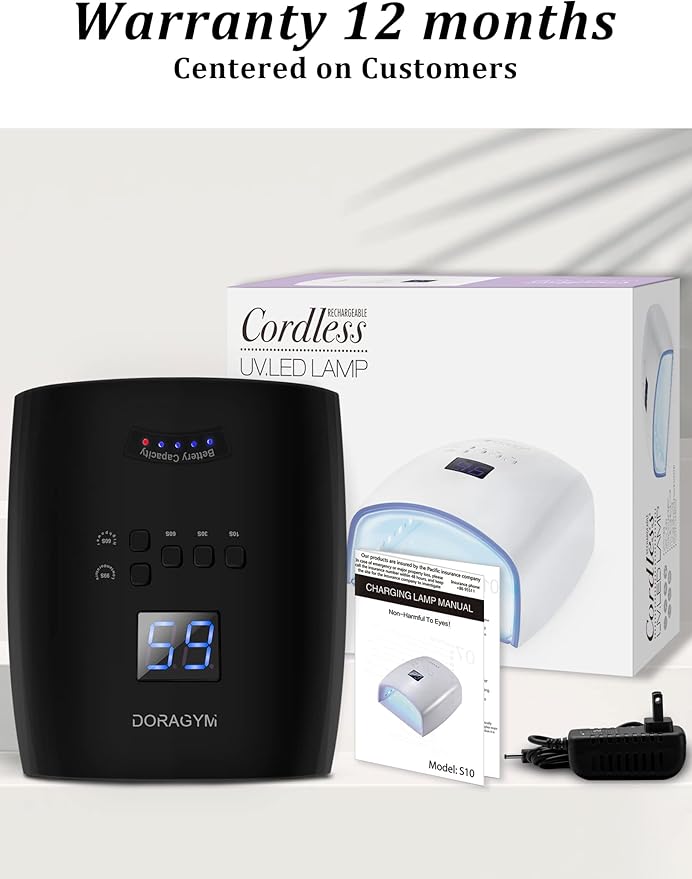 DORAGYM UV LED Nail Lamp, Cordless Gel Polish Dryer for Professional Gel Manicures - Black