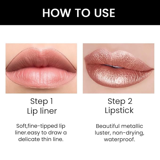 HHLTOH 2-in-1 Brown Lip Liner & Lipstick Set Kit for Women, Metallic Lips Kit with Lip Liner Lip Stains Long Lasting Waterproof 24 Hour Lipstick and Lip Liners Combo Lipliners Pencil Set 18