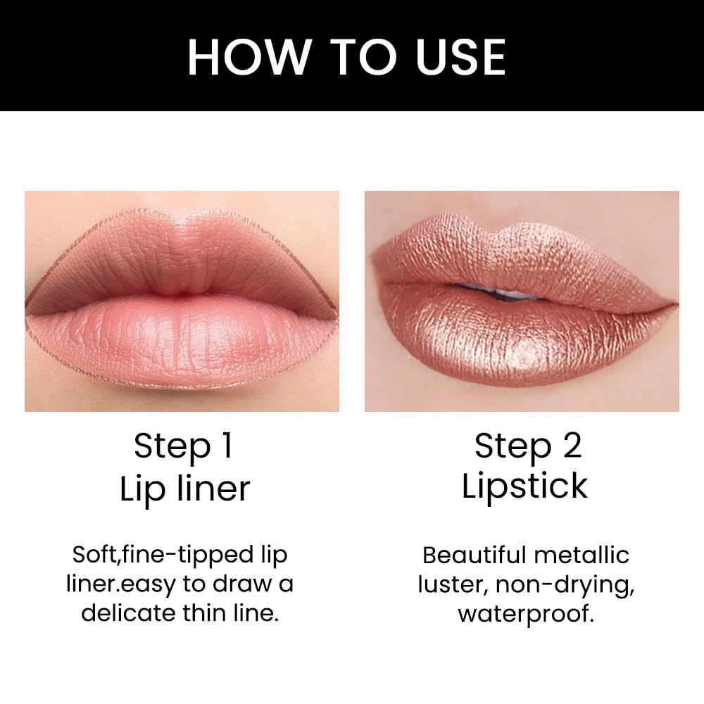 HHLTOH 2-in-1 Brown Lip Liner & Lipstick Set Kit for Women, Metallic Lips Kit with Lip Liner Lip Stains Long Lasting Waterproof 24 Hour Lipstick and Lip Liners Combo Lipliners Pencil Set 18