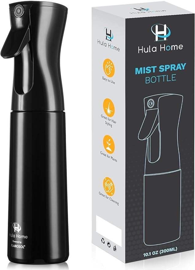 Hula Home Spray Bottle for Hair (10.1oz/300ml) - Continuous Ultra Fine Mist Sprayer – For Hairstyling, Cleaning, Salons, Plants, Essential Oil & More - Black