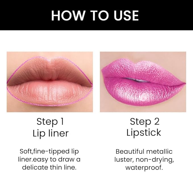 HHLTOH 2-in-1 Fuchsia Lip Liner & Lipstick Set Kit for Women, Metallic Lips Kit with Lip Liner Lip Stains Long Lasting Waterproof 24 Hour Lipstick and Lip Liners Combo Lipliners Pencil Set 19