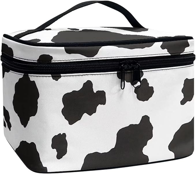 Drydeepin White Black Cow Cowhide Cute Print Portable Makeup Bags for Women Large Capacity Cosmetic Organizer and Storage Pouch with Zipper and Handle Travel Toiletry Accessories