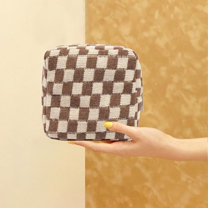 FFpaw 2 Pieces Makeup Bag Set, Small Brown Checkered Cosmetic Bag Travel Toiletry Organizer Mini Cosmetic Pouch Case Makeup Brushes Cute Quilted Aesthetic Accessories Storage Bag for Women