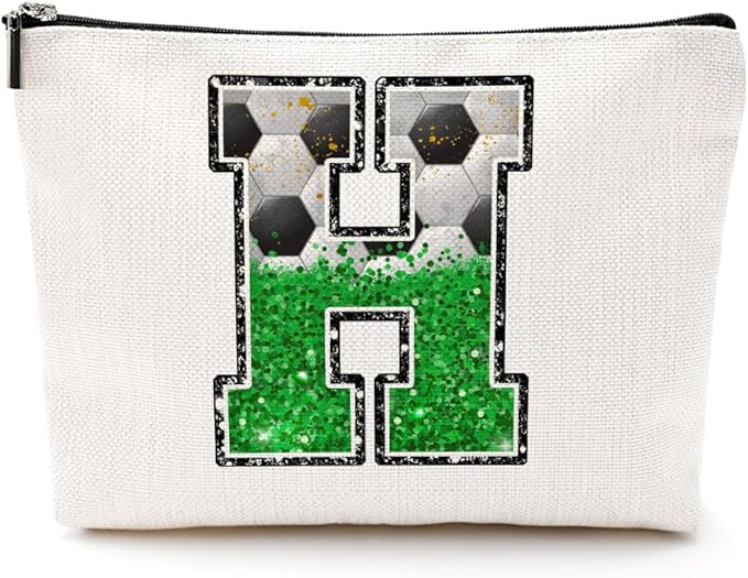 CQM Soccer Gifts Initial Makeup Bag Soccer Girl Gifts Cosmetic Bag Letter H