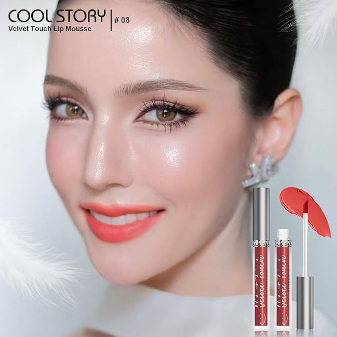 COOL STORY Waterproof Matte Lip Mud Lip Mousse,Vibrant Orange‑Red Pigmented Lipstick, Non‑Fade Long‑Wearing Velvet Lip Cosmetic for All Skin Tones,Shade #08 Citrus Pop