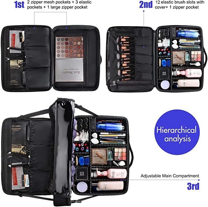 Relavel Extra Large Makeup Case, Professional Makeup Artist Bag Double Layer Compartment Cosmetic Travel Organizer Bag Makeup Brush Storage Holder with Adjustable Dividers and Shoulder Strap, Black
