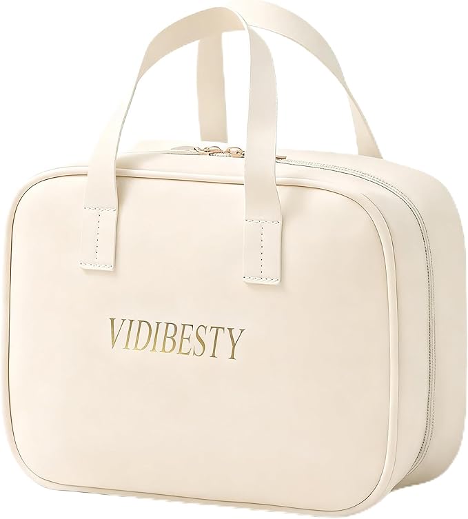 VIDIBESTY Travel Makeup Bag Skin-feel Leather, Large Capacity Cosmetic case for Women, Waterproof Portable Make up Organizer with Divider and Handle for Toiletries, Beauty Essentials (Beige)