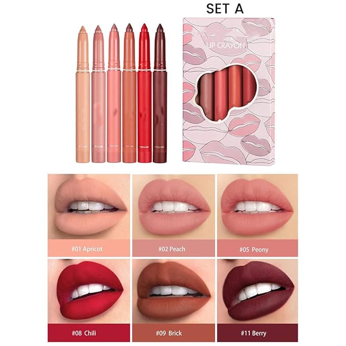 Pakivs 12 Colors Crayon Lipstick Set, Non-Fading Non-Stick Cup Matte Lipstick Pen Waterproof Long Lasting Velvet Lipstick Pencil Lip Liner (Set A + Set B)