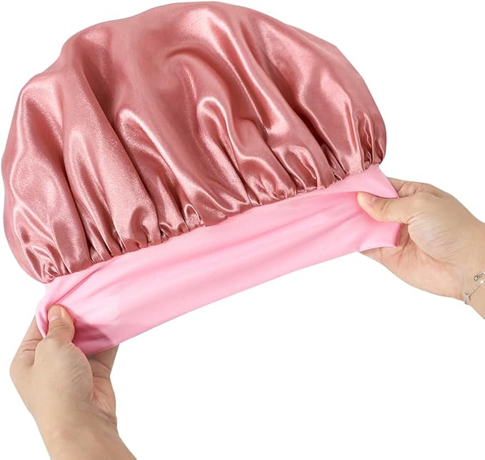 GDTOGRT Satin Silk Bonnet for Sleeping Women,Double Layer Sleep Hair Bonnets Caps for Curly Natural Hair with Tie Band - Pink