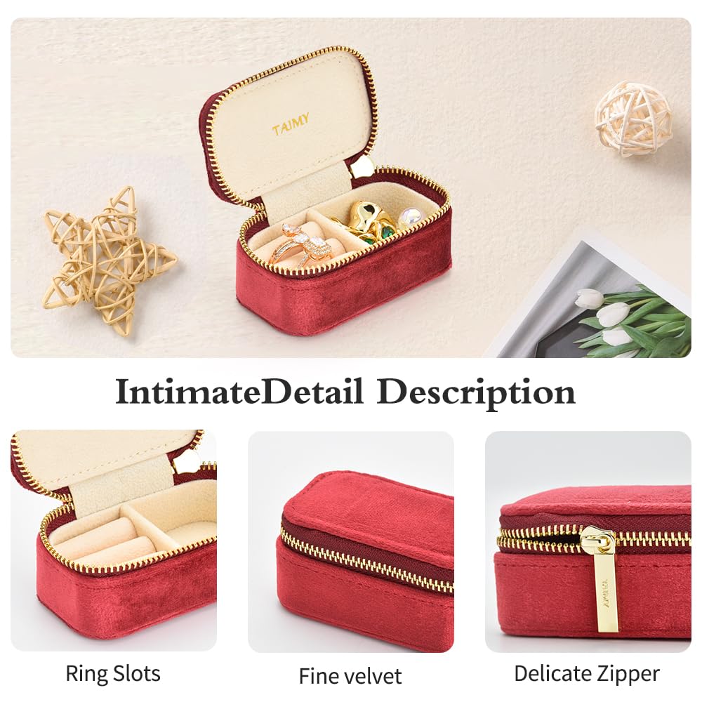 TAIMY Small Travel Jewelry Case, Mini Tiny Plush Velvet Jewelry Box for Women and Girls, Pocket Size Jewelry holder organizer for Rings Earrings and Small Items(Burgundy)