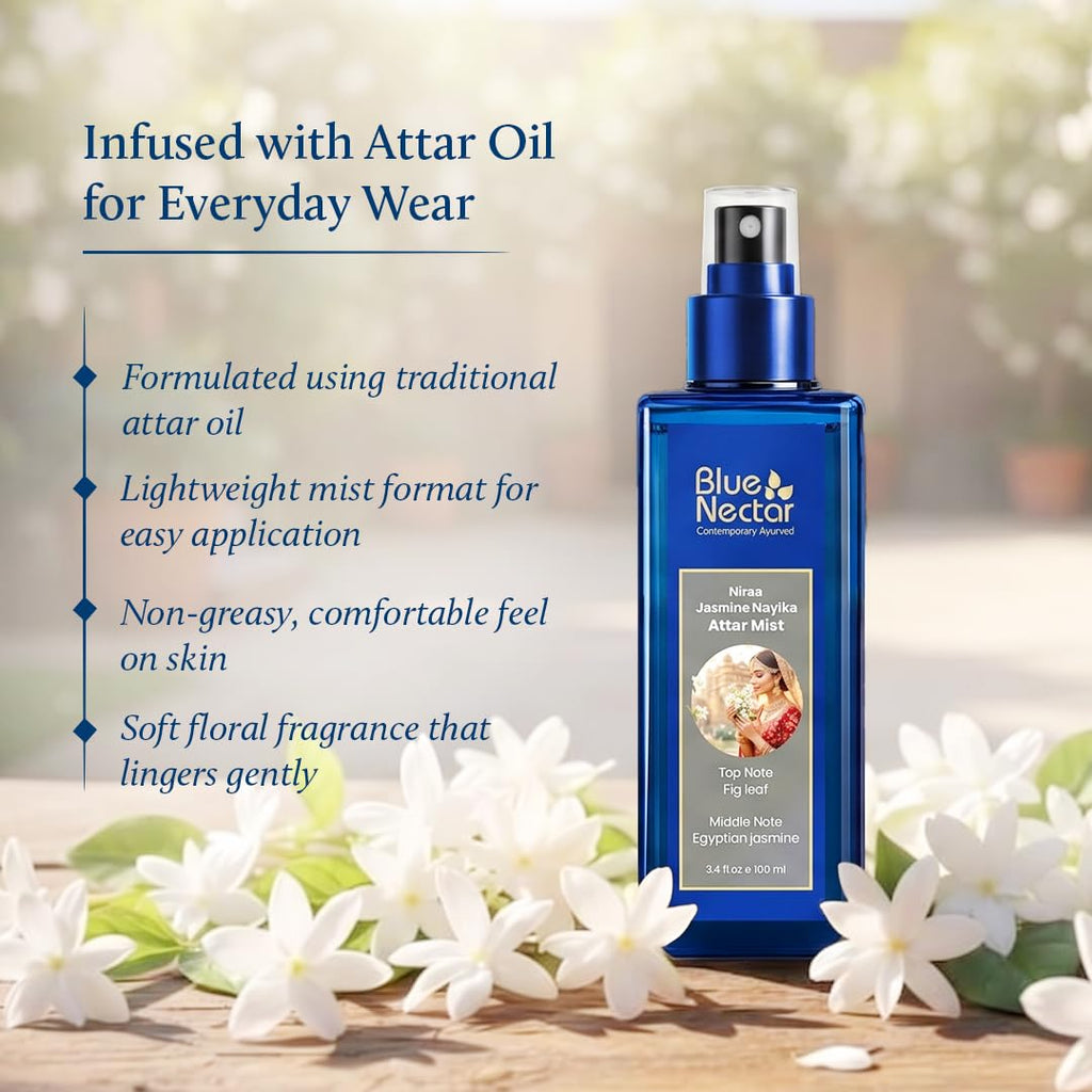 Blue Nectar Niraa Jasmine Nayika Body Attar | Perfume Mist for Women | Long-Lasting Jasmine Attar with Fig Leaf | Floral Body Mist Spray | Travel-Friendly (3.38 Fl Oz)