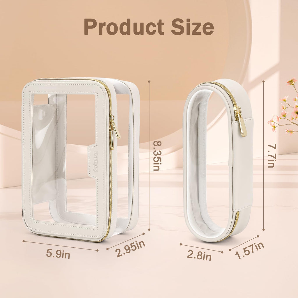 Soimeat Travel Clear Makeup Bag with Makeup Brush Bag, Leather Makeup Case Toiletry Bag, Portable Cosmetic Bag Case, Transparent Waterproof Cosmetic Organizer Storage Bag for Women, Medium, Off-White