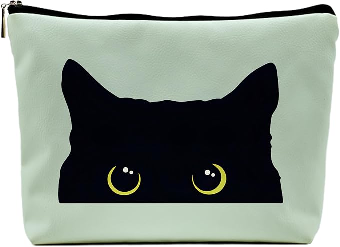 NEGIGA Black Cat Makeup Bag – Cute Cosmetic Pouch Travel Toiletry Bag, Zipper Organizer for Women Girls, Multifunction Cat Lover Gift Purse (Greener Pu Leather)