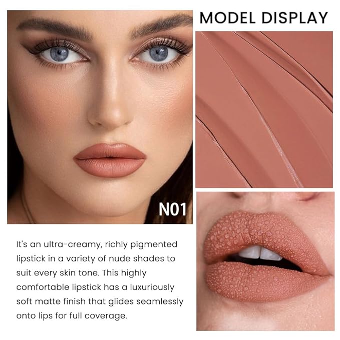 evpct 1Pcs Nude Beige Lipstick, Silky Velvet Matte Lipstick Pack Sets for Women, Long Lasting Smudge Proof Lipstick Lip Stain Makeup Kit matte lipsticks 24 hours original N01