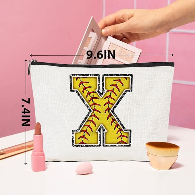Softball Gifts Initial X Makeup Bag Softball Gifts for Team Cosmetic Bag