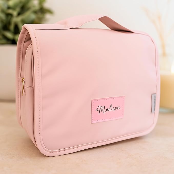 Personalized Vegan Leather Travel Toiletry Bag for Women, Water Resistant Hanging Toiletry Organizer with Hook, Custom Name Gift, Bridesmaid Wedding Travel Gift, Birthday Gift for Her, Mothers day