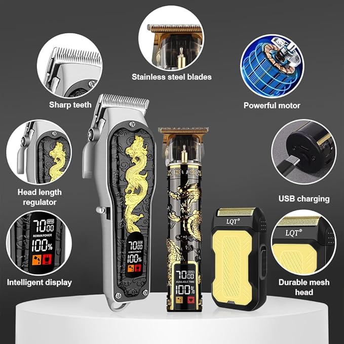 LQT Hair Clippers 3-Piece Men's Professional Cordless Haircutting Set with LED Display, Trimmer, Shaver, Beard Clipper - Gift for man