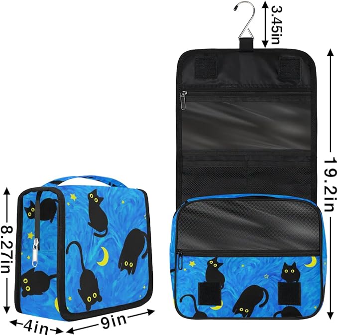OMFUNS Cute Cat Travel Toiletry Bag with Hanging Hook for Women and Girls, DeepSkyBlue Cosmetic Makeup Case Organizer for Accessories, Shampoo, Full Sized Container, Toiletries