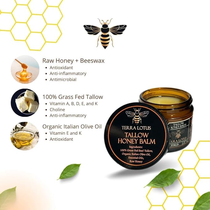 Terra Lotus - Organic Grass-Fed Beef Tallow Balm with Raw Honey - Moisturizing Cream - Handmade All-Natural Moisturizer (2 Oz, Unscented)